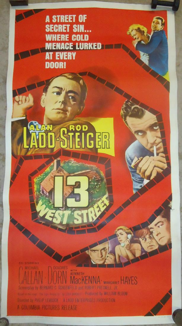 1962 MOVIE POSTER, PAPER LITHO "13 WEST STREET": Canvas backed; Columbia Pictures; three sheet poster, bottom sheet appears a bit out of alignment, 1/4"; starring Alan Ladd and Rod Steiger; light edge repair, very minor creasing; (canvas size) 79 1/