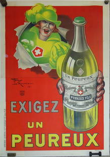 FRENCH LIQUEUR ADVERTISING POSTER - "EXIGEZ UN PEUREUX": Paper litho, canvas backed; artist: Henry Le Monnier, 1925; visible central seam, tape residue on border; very minor creasing; canvas size: 94" x 65", VG-EX