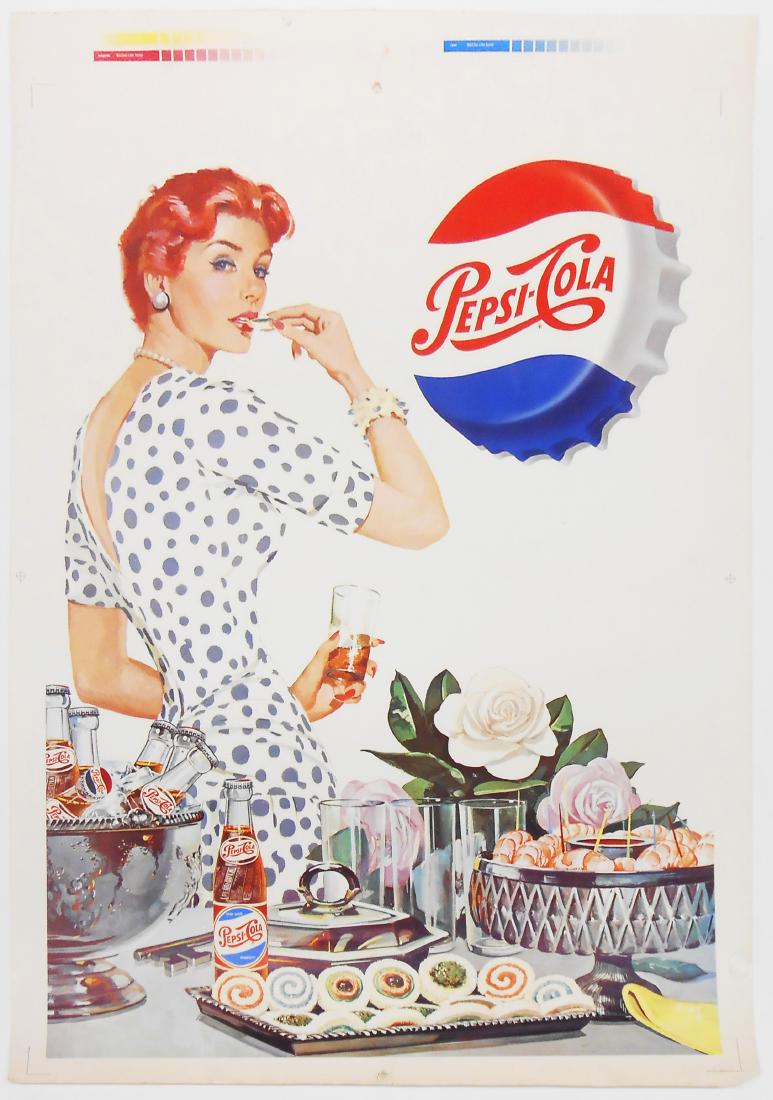 ADVERTISING PEPSI COLA SIGN: Paper litho; paper has discoloration from age; white border has some minor tears and (2) punched holes and water spot; minor creasing overall; 34" x 23 1/2", G-VG