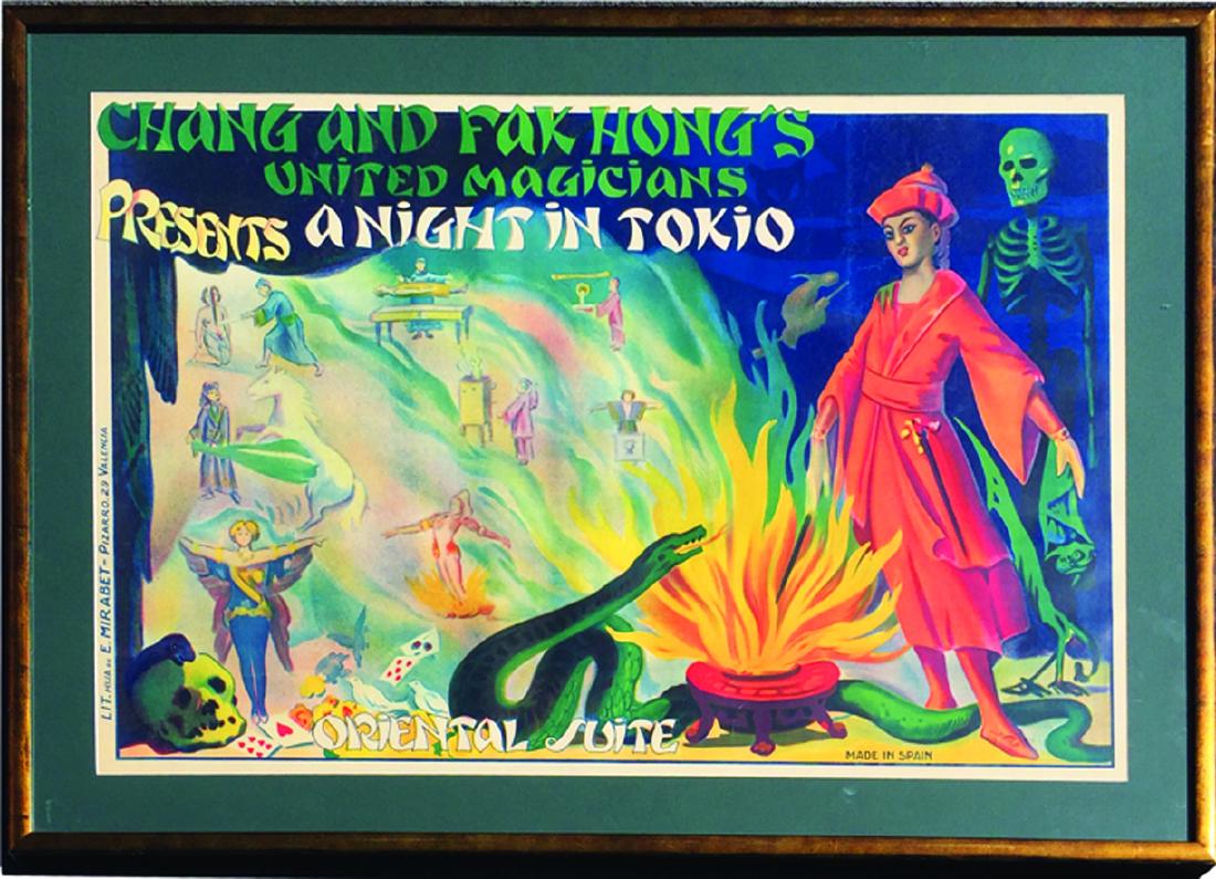 CHANG AND FAK HONG'S MAGICIAN POSTER - STONE LITHO: "Chang and Fak Hong's United Magicians Presents a Night in Tokio" "Oriental Suite"; stone lithography; Lit. Hua E. Mirabet - Pizarro. 29 Valencia; Made in Spain; dramatic imagery featuring serpents, s