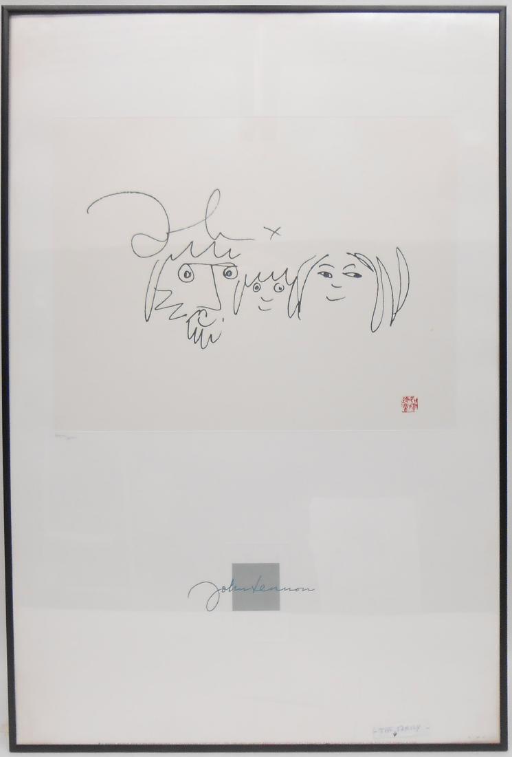JOHN LENNON ESTATE AUTHORIZED LITHOGRAPHS: Trademarked; "Bag One", "Baby Grand", "The Family", "The Hug"; Bruce McGaw Graphics Publication, 1988; numbered 3907/5000; framed; (1) has some minor water spotting on bottom edge; 36" x 24", VG-EX