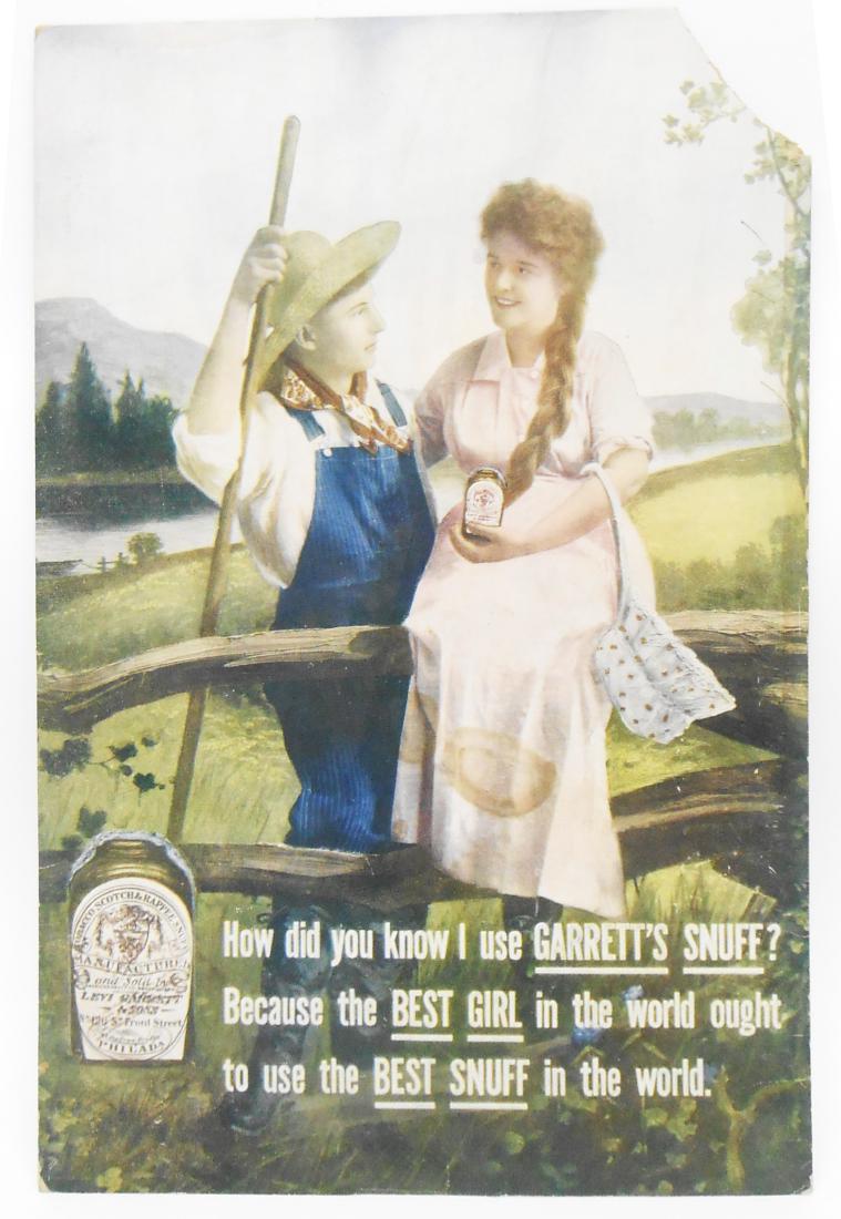 GARRETT'S SNUFF ADVERTISING SIGN: litho on card stock; depicts young couple at fence; advertising Levi Garrett & Sons' Tobacco Scotch & Rapee Snuff; Philada; central stains to girls dress; fading; edge wear; substantial loss to upper 