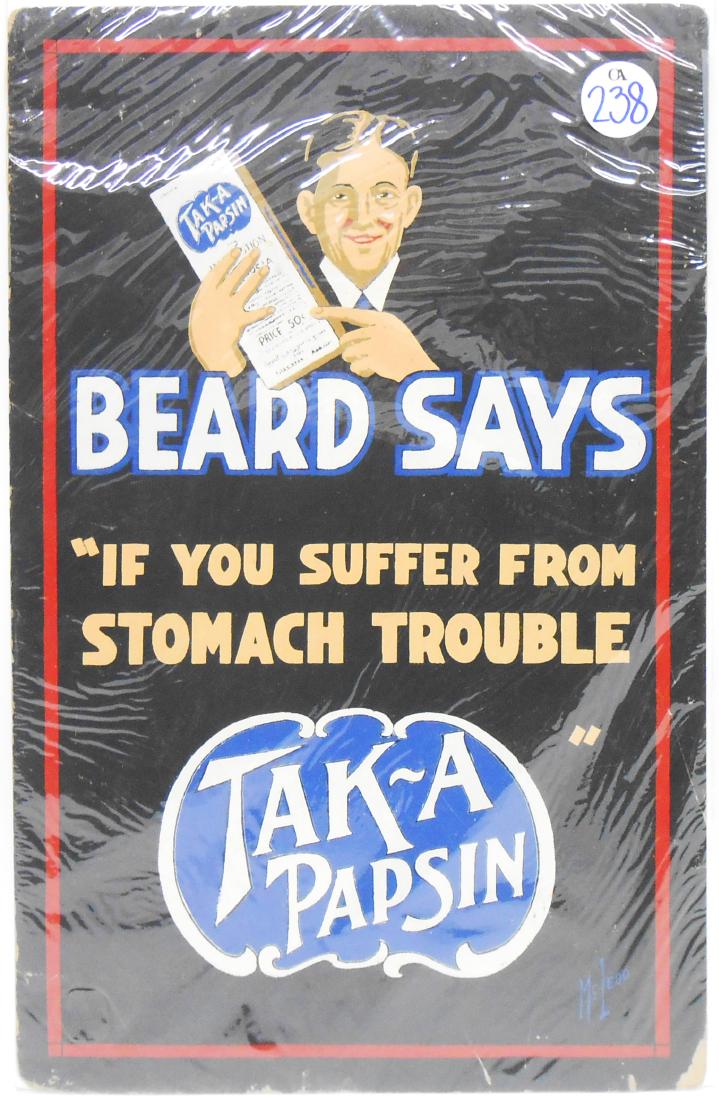 ADVERTISEMENT "TAK-A-PEPSIN" ORIGINAL ART: Stomach medicine, screen printed cardboard; artist: McLeod; Fort Smith Ark; edge and corner roughness; some scratches and scuffs; 22" x 14", G-VG