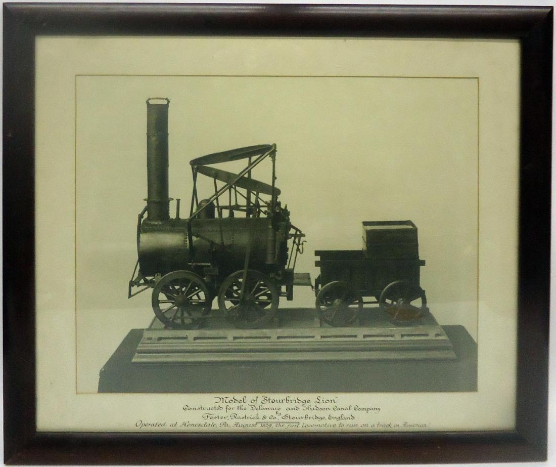 TRAIN PHOTOGRAPHIC IMAGE OF MODEL OF "STOURBRIDGE LION": Constructed for Delaware & Hudson Canal Co. by Foster, Rastrick & Co., Stourbridge, England; operated at Honesdale, PA, August 1829; the first locomotive to run on a track in America; hand done callig