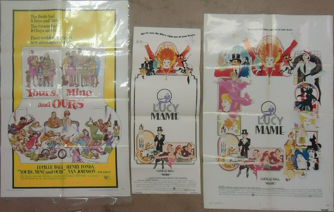 (3) LUCY POSTERS, (1) LOBBY CARD: (2) posters "Yours, Mine and Ours", 1968, starring Lucille Ball and Henry Fonda; UA Picture; (1) NM, (1) heavily creased with numerous small holes in the border, soiled at edges; 41" x 27" (1) "Lucy M