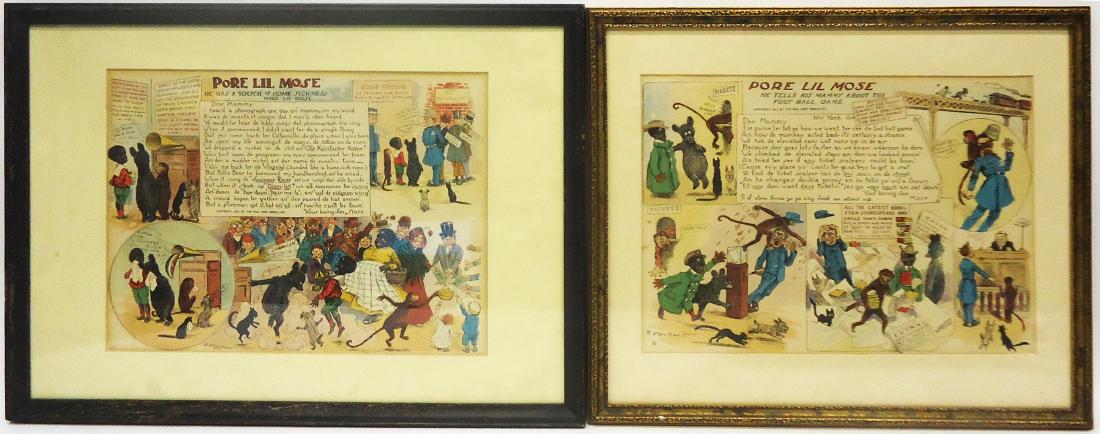 (5) BLACK AMERICANA "PORE LIL MOSE" R. F. OUTCAULT: Framed cartoons for the New York Herald, (3) 1901: "Touch of Home Sickness", "Tells Mammy About the Football Game", "Visits Baxter Street"; (1) 1902: "Treats His Friends to Soda Water", (1) not dated: