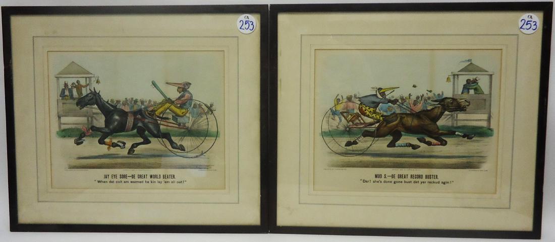 BLACK AMERICANA CURRIER & IVES HORSE RACE CARTOONS (2): Color litho 1885 NY; "Mud S. - De Great Record Buster" and "Jay Eye Sore - De Great World Beater"; matted and framed; minor discoloration, foxing and spotting; frame size 18" x 21"; G-VG