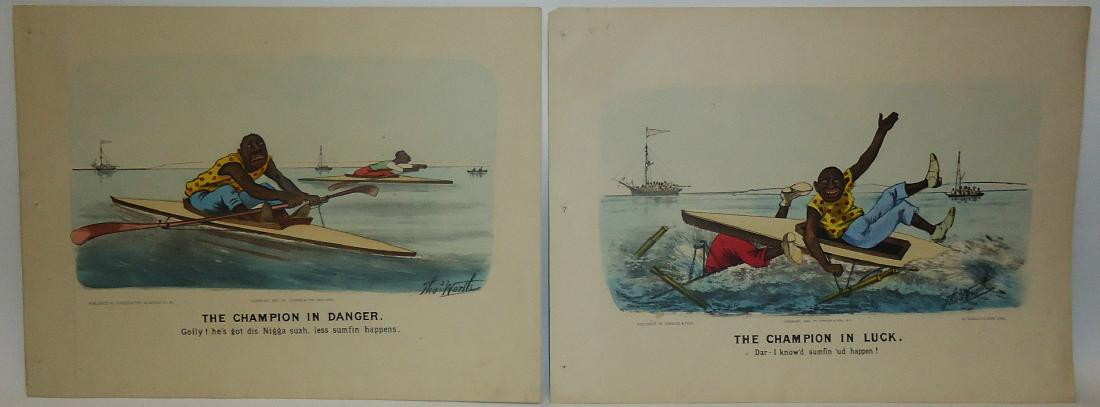 BLACK AMERICANA CURRIER & IVES "THE CHAMPION" CARTOONS: Thomas Worth Cartoons, 1882 color litho, NY; "The Champion in Luck" and "The Champion in Danger; both have (3) punctures and crease on left hand border; minor spotting and discoloration; "Champion in 