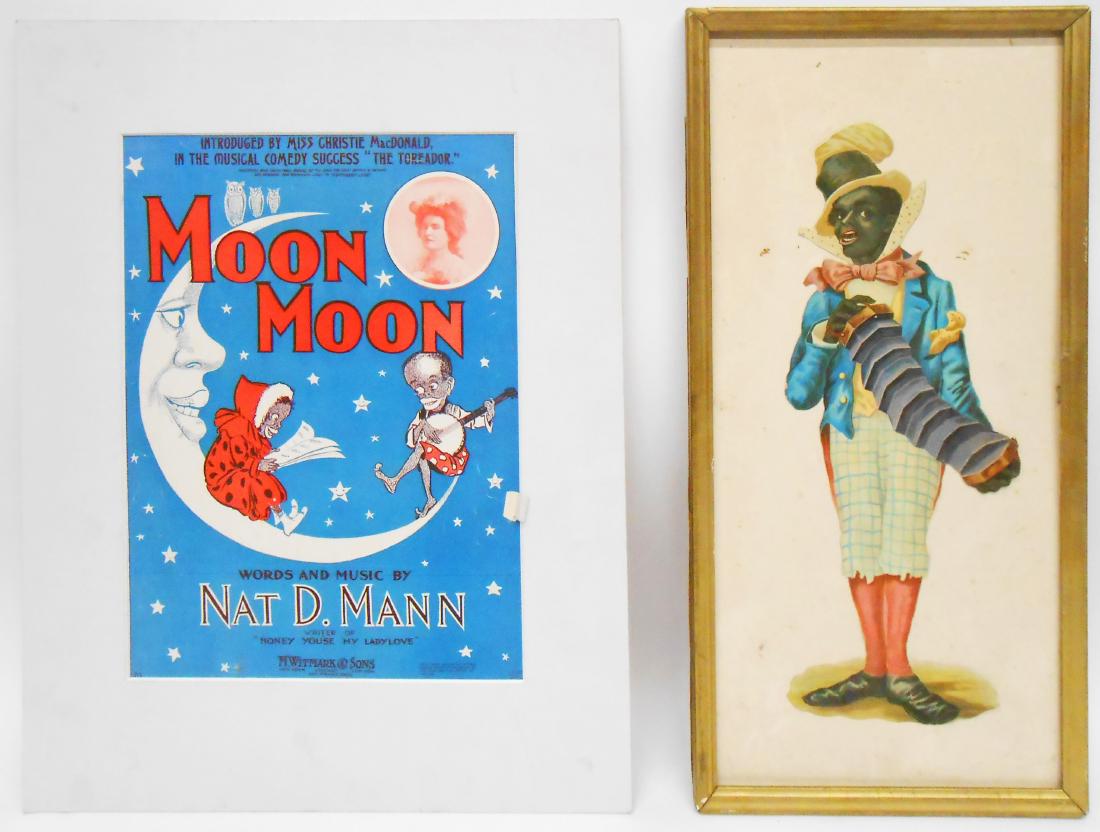BLACK AMERICANA DIE-CUT, PLAYBOOKS, SONGBOOKS, CATALOG: Includes (2) songbooks: "Short 'nin' Bread", "Three Little Words", (3) punctures in one, edge wear, small tears and spots; play: "High Hattin 'Coon"; "When Cork is King" by T. S. Denison & Co., rough 