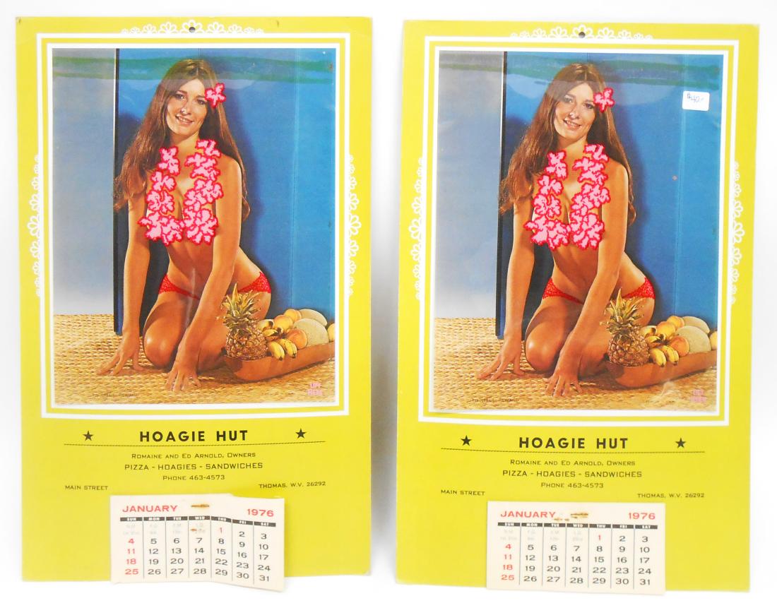 ADVERTISING "HOAGIE HUT" NAUGHTY NUDE CALENDARS: 1976; paper litho; (2) "Fruitful Reward", (1) "Bronzed Glow"; lift plastic sheet to see naked lady; calendar pages intact; corners and edges slightly rough; staples rusty; minor spots on calendar page