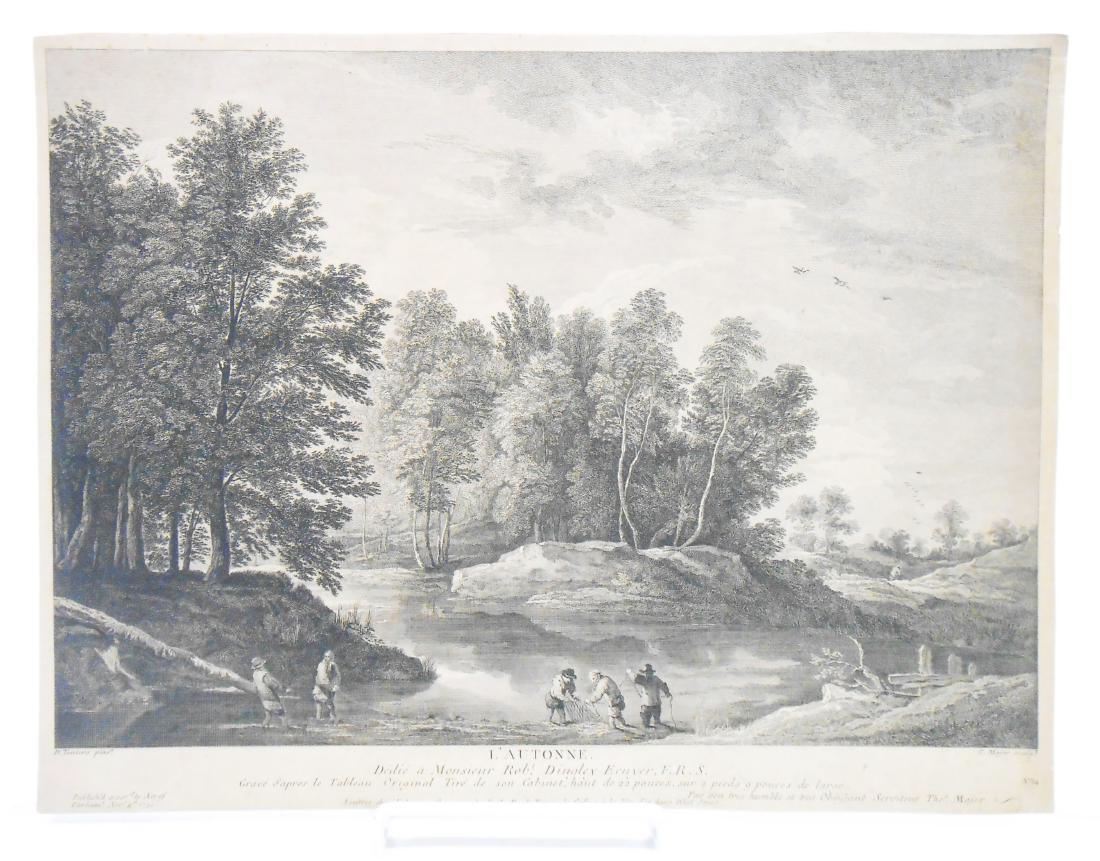 (6) 18TH & 17TH CENTURY ENGRAVINGS: (1) Dominichini, possibly 17th century 8 3/4" x 6" with creasing; (1) 2-sided bookplate; featuring two 18th century engravings - Cain & Abel, David & Goliath, 12 3/4" x 8 3/4", both with light stainin