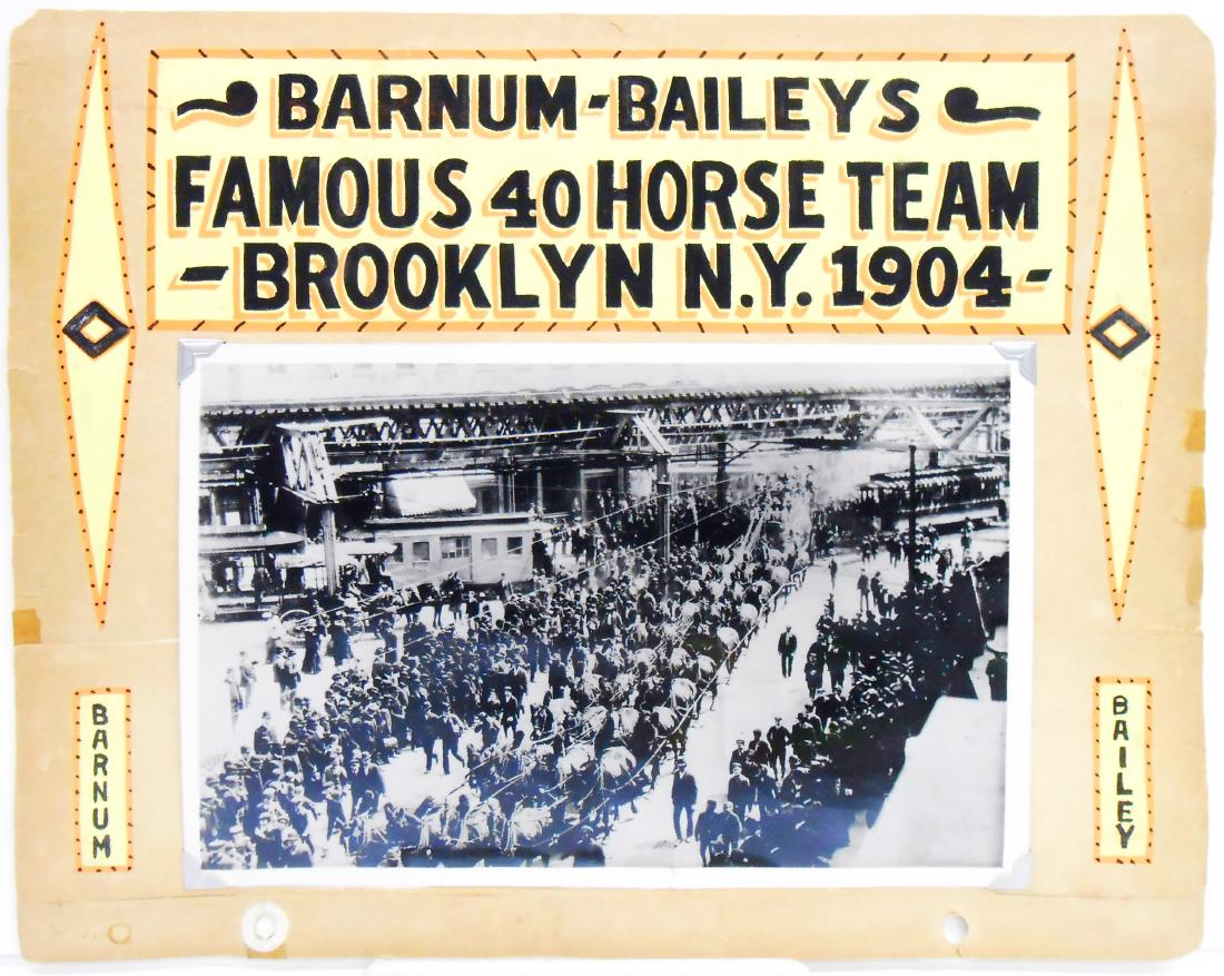EARLY 1900'S HORSE-DRAWN CIRCUS PHOTOGRAPHS: (8) pages of a circus photograph scrapbook, each page hand lettered with tempera paint, each photograph hand captioned; each photograph mounted with corner mounts; includes: (1) John Robinson 1900 Cir