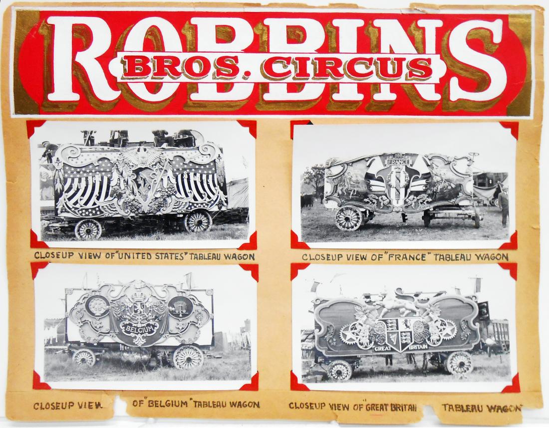 1938 CIRCUS PHOTOGRAPHS-ROBBINS BROS. & BARNES-SELLS: (6) pages of a circus photograph scrapbook, each page hand lettered with tempera paint, each photograph hand captioned; each photograph mounted with corner mounts; includes: (1) Al G. Barnes & Sells-F