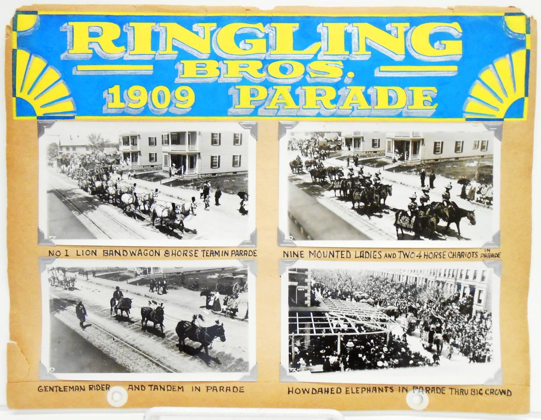 1909 RINGLING BROS. CIRCUS PHOTOS: (5) pages of a circus photograph scrapbook, each page hand lettered with tempera paint, each photograph hand captioned; each photograph mounted with corner mounts; includes: (1) 1909 Ringling Bros. Wo