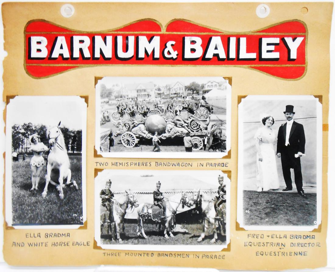 BARNUM & BAILEY CIRCUS PHOTOS - MOSTLY PERFORMERS: (6) pages of a circus photograph scrapbook, each page hand lettered with tempera paint, each photograph hand captioned; each photograph mounted with corner mounts; includes: (1) Barnum & Bailey: Ella 