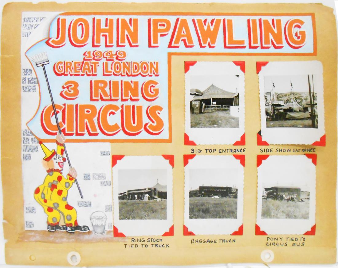 MOSTLY 1920'S CIRCUS PHOTOS - SELLS FLOTO, PAWLING &: (6) pages of a circus photograph scrapbook, each page hand lettered with tempera paint, each photograph hand captioned; each photograph mounted with corner mounts; includes: (1) Circus Winterquarters 