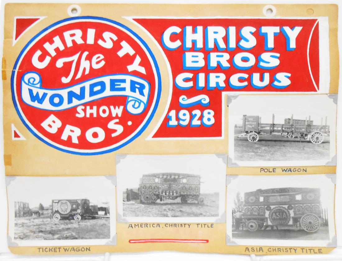 MOSTLY CHRISTY BROS. 1928 CIRCUS PHOTOS: (4) pages of a circus photograph scrapbook, each page hand lettered with tempera paint, each photograph hand captioned; each photograph mounted with corner mounts; includes: (1) Christy Bros. the Wond