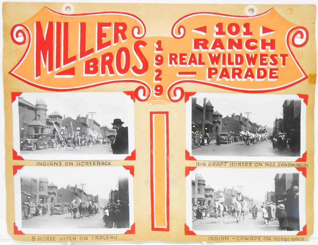 MILLER BROS 1929 CIRCUS PHOTOS: (4) pages of circus photograph scrapbook; each page hand lettered with tempera paint, each photograph hand captioned; each photograph mounted with corner mounts; includes: Miller Bros 1929 101 Ranch R