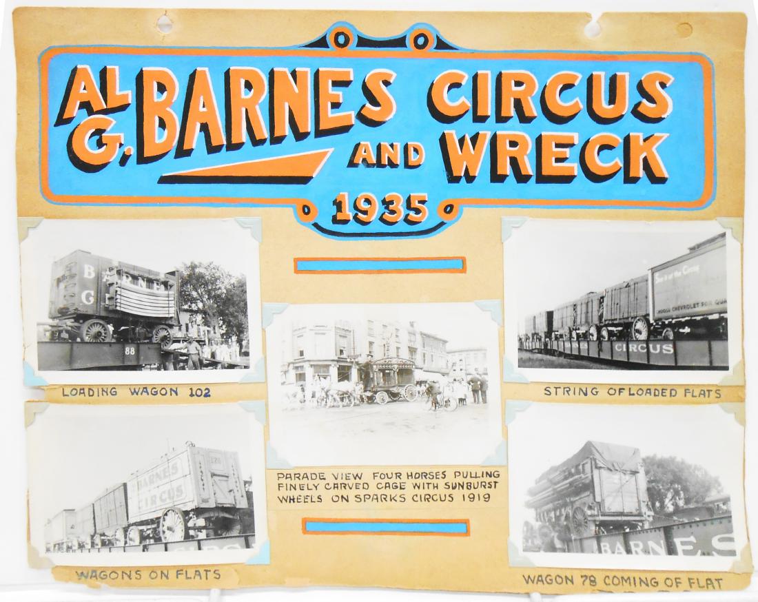 BARNES & SPARKS CIRCUS 1930'S PHOTOS - INCL. TRAIN: (6) pages of circus photograph scrapbook; each page hand lettered with tempera paint, each photograph hand captioned; each photograph mounted with corner mounts; includes: (1) Sparks Circus Parade 193