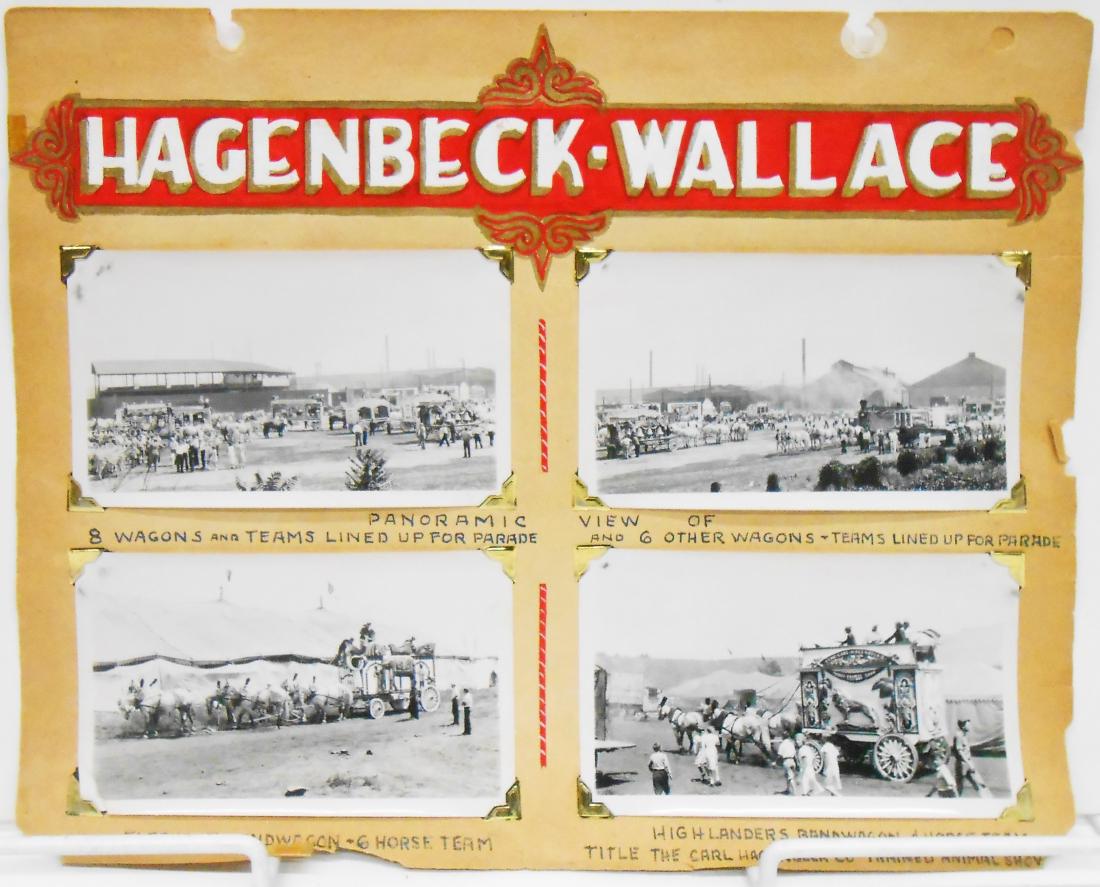 HAGENBECK-WALLACE & POLACK BROS. CIRCUS PHOTOS: (6) pages of circus photograph scrapbook; each page hand lettered with tempera paint, each photograph hand captioned; each photograph mounted with corner mounts; includes: (1) 1934 Hagenbeck-Wallae ci