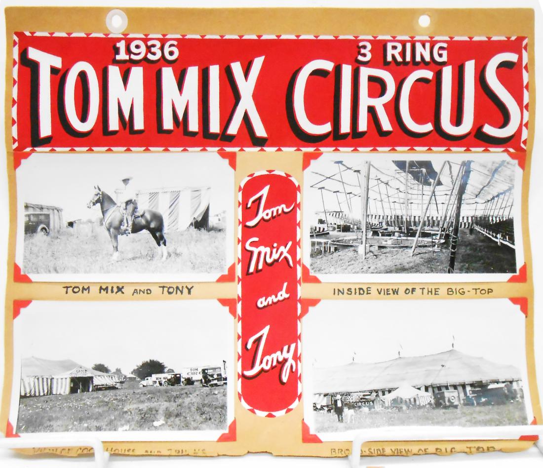 COLE BROS & TOM MIX CIRCUS PHOTOS 1935-6: (5) pages of circus photograph scrapbook; each page hand lettered with tempera paint, each photograph hand captioned; each photograph mounted with corner mounts; includes: (1) Cole Bros Circus Parade 