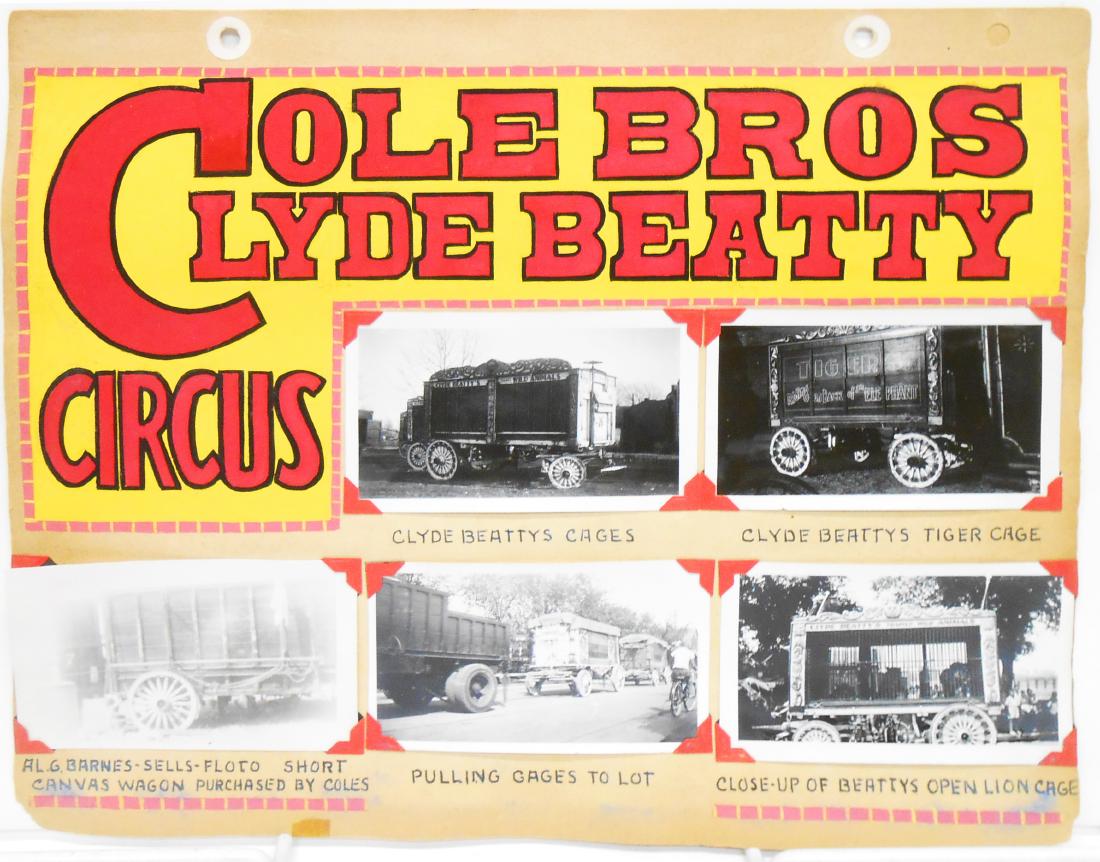 COLE BROS and CLYDE BEATTY CIRCUS 1935-1936 PHOTOS: (4) pages of circus photograph scrapbook; each page hand lettered with tempera paint, each photograph hand captioned; each photograph mounted with corner mounts; includes: (1) Cole Bros and Clyde Beat