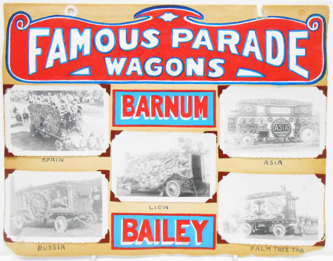 RINGLING BROS BARNUM BAILEY & WAGON PHOTOS: (4) pages of circus photograph scrapbook; each page hand lettered with tempera paint, each photograph hand captioned; each photograph mounted with corner mounts; includes: (1) Ringling Bros. Barnum & 