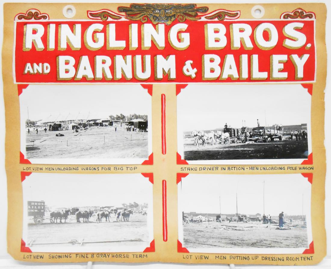 RINGLING BROS BARNUM BAILEY COMBINE CIRCUS PHOTOS 1937+: (4) pages of circus photograph scrapbook; each page hand lettered with tempera paint, each photograph hand captioned; each photograph mounted with corner mounts; includes: (1) Ringling Bros. and Barnu