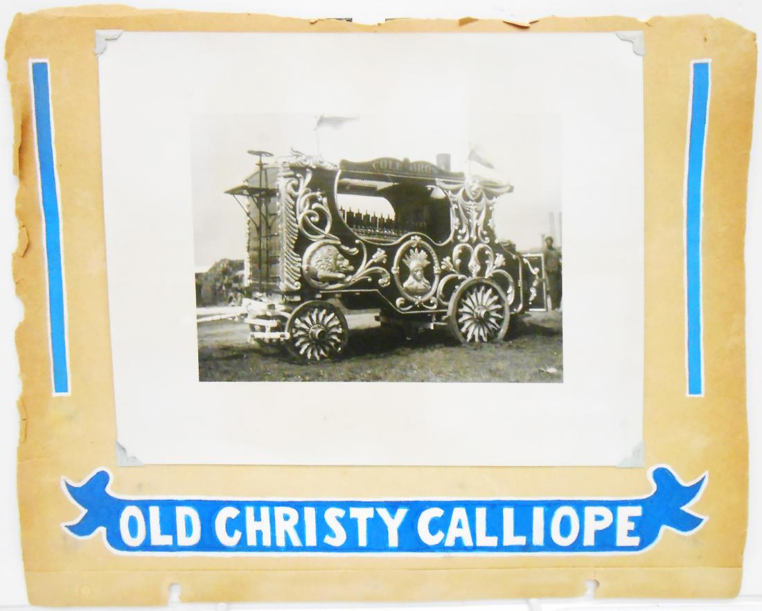 MOSTLY 1938 CIRCUS PHOTOS: (6) pages of circus photograph scrapbook; each page hand lettered with tempera paint, each photograph hand captioned; each photograph mounted with corner mounts; includes: (1) Al G. Barnes & Sells-Flo