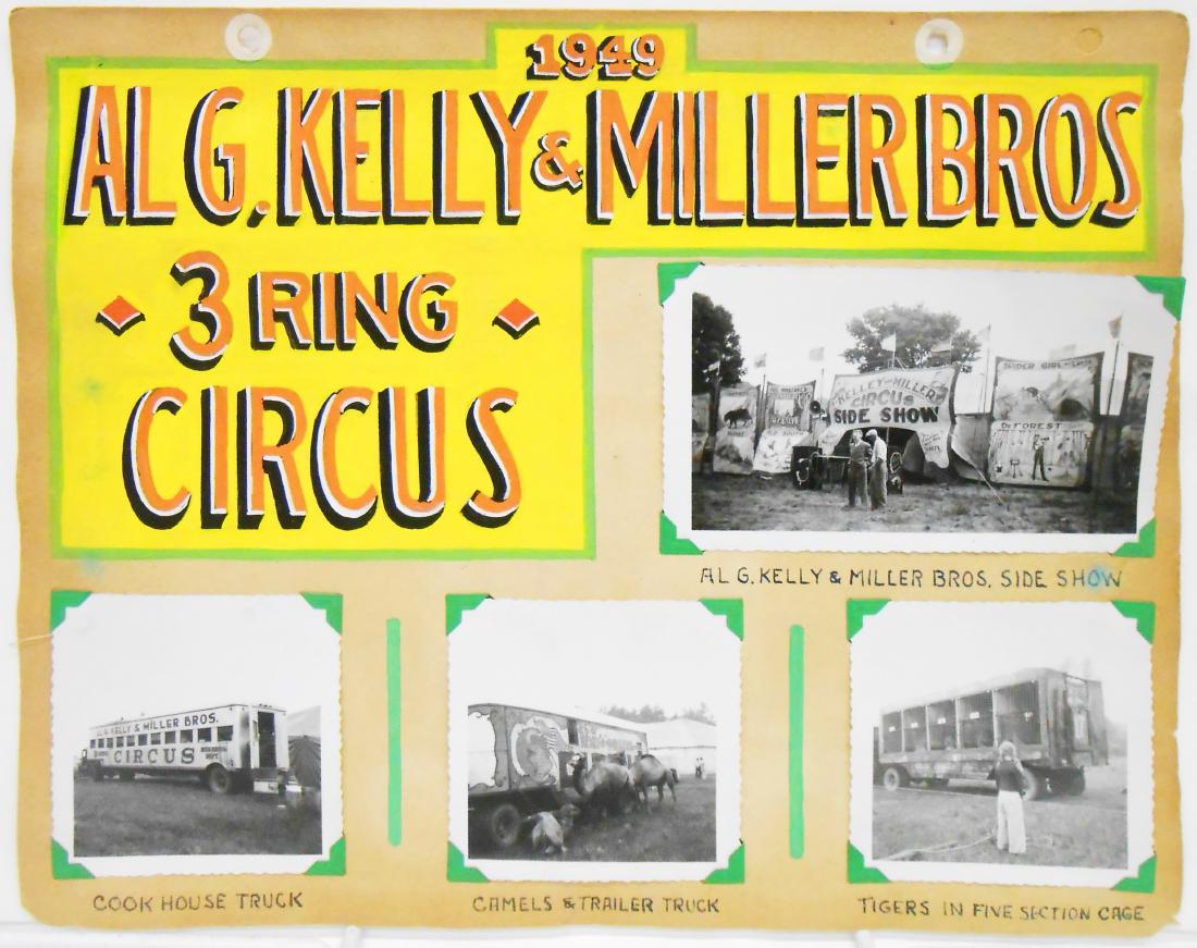 AL G. KELLY & MILLER BOS. & DORSEY CIRCUS PHOTOS: (8) pages of a circus photograph scrapbook, each page hand lettered with tempera paint, each photograph hand captioned; each photograph mounted with corner mounts; includes: (1) 1949 Al G. Kelly & Mil