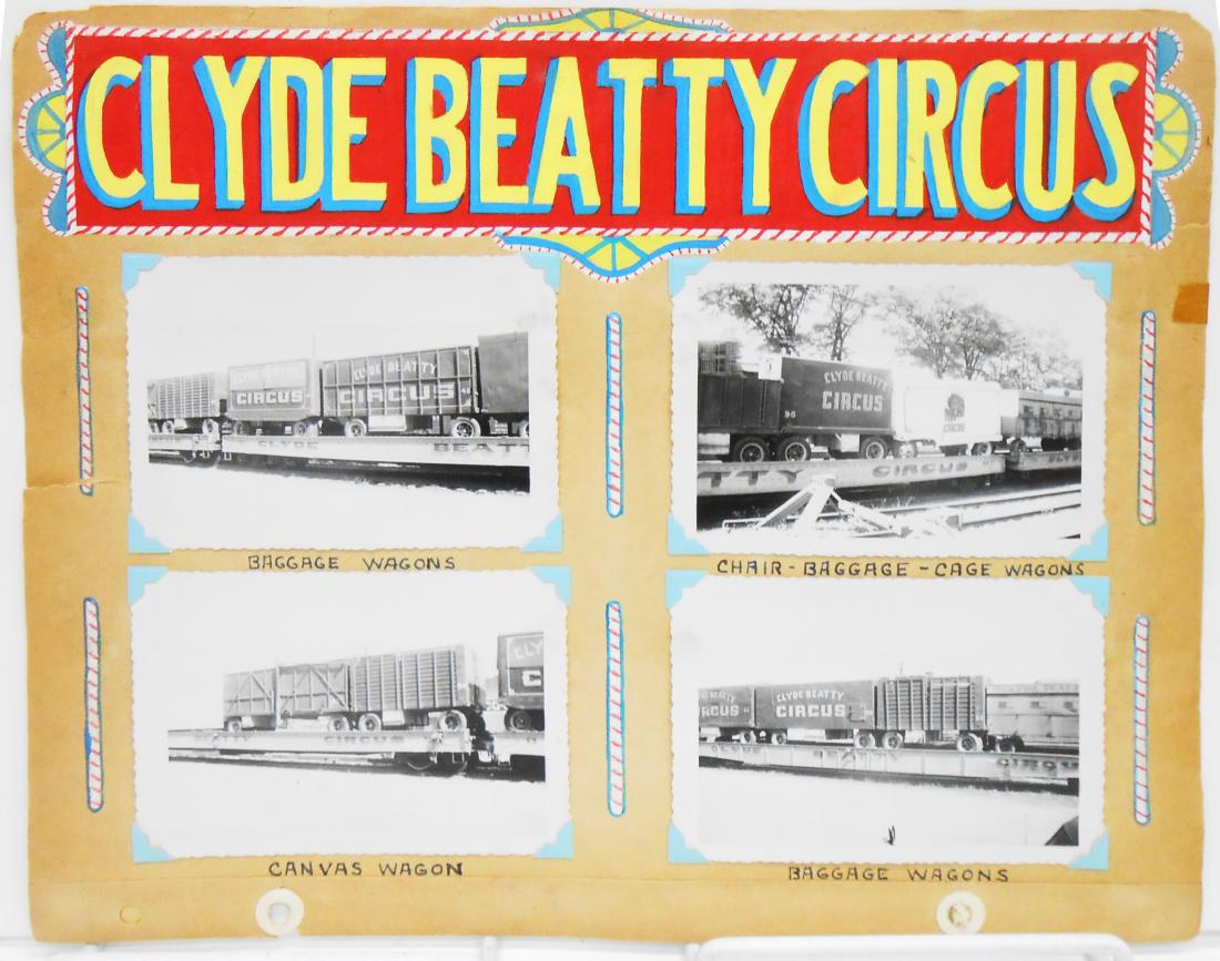 ASSORTED 1949-EARLY 1950'S CIRCUS PHOTOS: (10) pages of a circus photograph scrapbook, each page hand lettered with tempera paint, each photograph hand captioned; each photograph mounted with corner mounts; includes: (1) Dales 3 Ring 1949 Cir