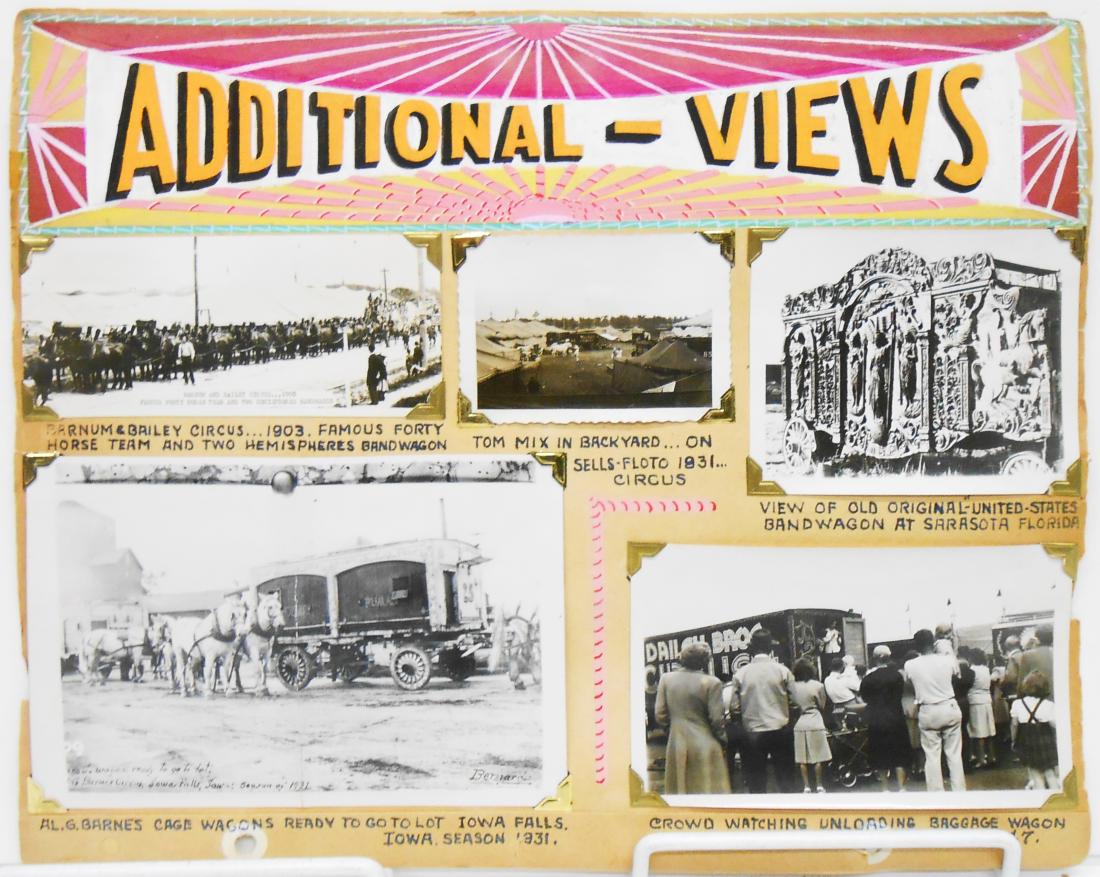 RANDOM CIRCUS PHOTOS - WAGONS, ELEPHANTS, ETC.: (8) pages of circus photograph scrapbook, each page hand lettered with tempera paint, each photograph hand captioned; each photograph mounted with corner mounts; includes: (1) Additional Views: Downie