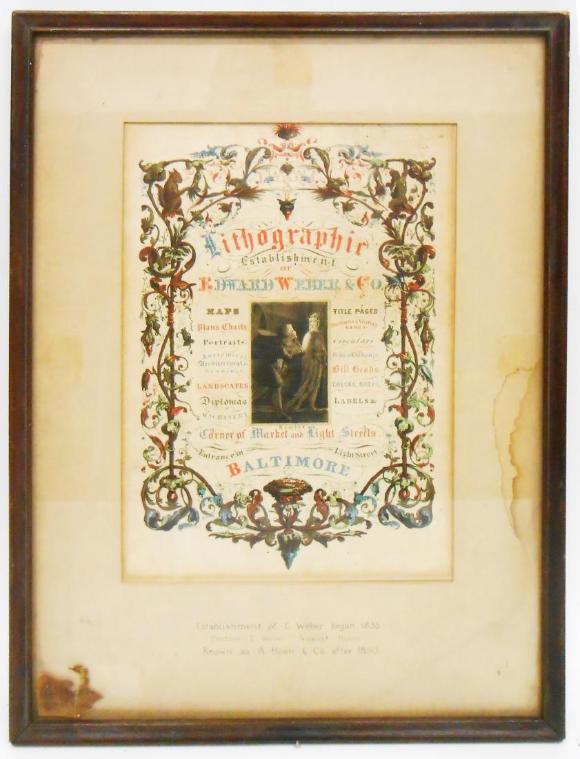 BALTIMORE ADVERTISING LOT: Baltimore Lithographic Establishment of Edward Weber & Co., began in 1835 in 1850 Weber partnered with August Hoen and it was renamed as A. Hoen & Co., corner of Market and Light Streets; maps, plans,