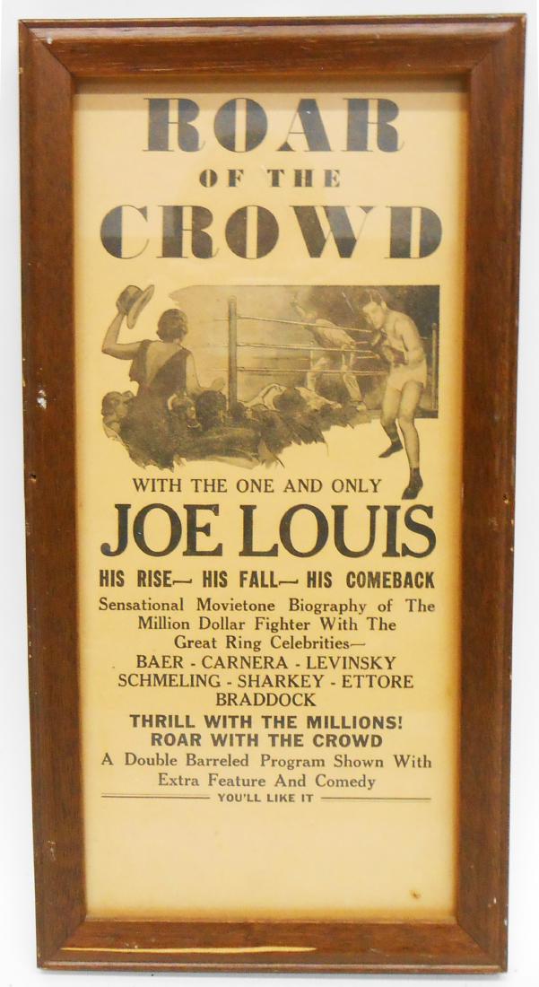 JOE LOUIS BOXING BROADSIDE: "Roar of the Crowd", movietone biography broadside; edges have some flea-bite tears and toning; 7" x 13 1/2", VG