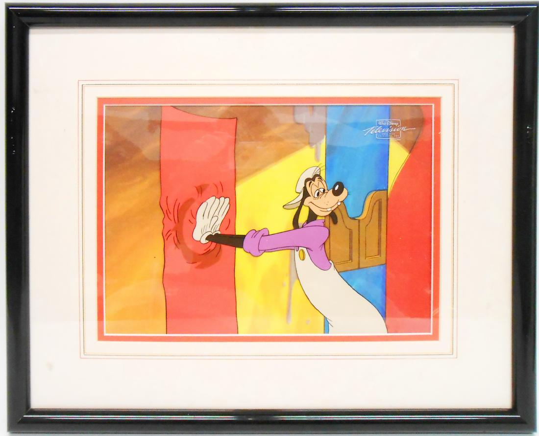 GOOFY WALT DISNEY TELEVISION ORIGINAL ART CEL: Matted and framed; sticker on back says, "Marcus Animation Gallery Boca Raton FL 407-391-2117; images: 8 1/2" x 12"; matted and framed: 16" x 19 1/2", EX
