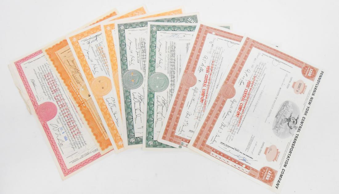(13) RAILROAD STOCK CERTIFICATES: Pennsylvania Railroad Co, Pennsylvania New York Central Transportation Co; Erie-Lackawanna Railroad Co, Northern Central Railroad Co.; (7) PRR: (2) $50 1930, (1) $100 1960, (1) $50 1962, (1) $10 1962,