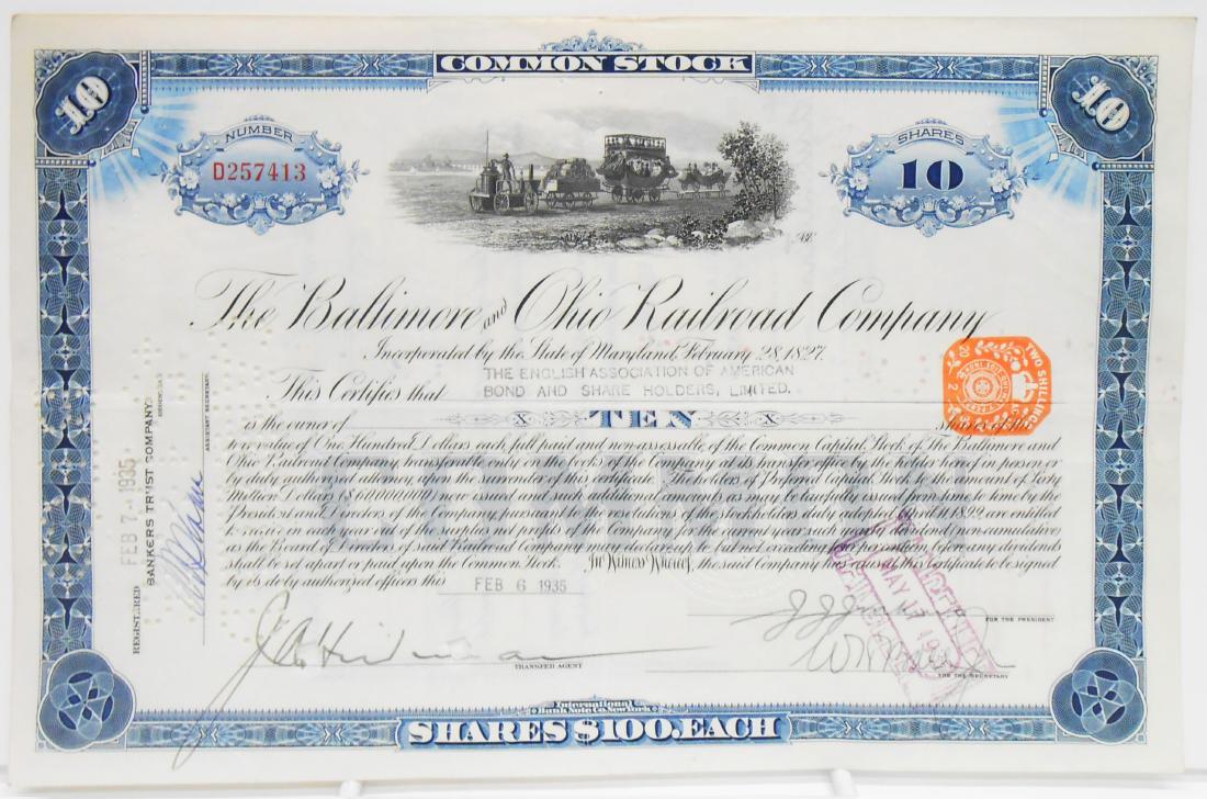 (6) BALTIMORE & B&O STOCK CERTIFICATES: (1) Baltimore Consolidated Railway Co., signed by treasurer but nothing else has been filled out; (5) $100, 1935, 1941, 1955, 1950, 1960; excellent overall with occassional creasing, edge roughness an