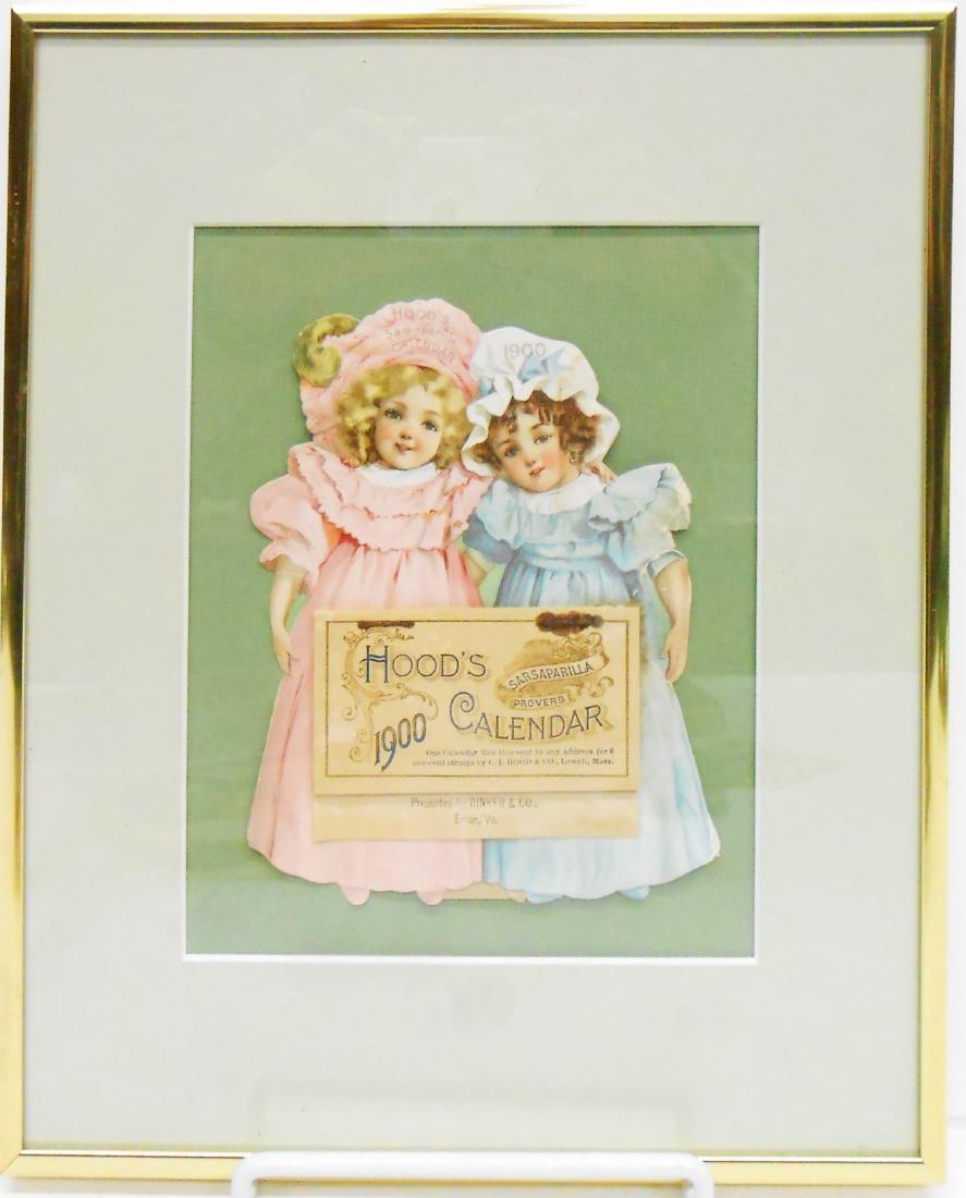 ASSORTED ADVERTISING DIE-CUTS, CALENDAR, PAPER DOLL,: Hoods 1900 Calendar, framed, rust stains from staples; 1894 Hoods paper doll with two dresses and (1) hat; blue dress has a little roughness at bottom; (2) S. H. & M. bias velveteen skirt bindings pap