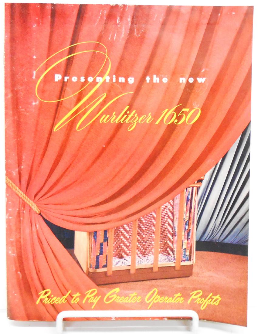 (2) WURLITZER JUKEBOX BROCHURES: Includes (1) Wurlitzer 1800 "Breaks into the Headlines as the Year's Top Phonograph" and (1) "Presenting the Wurlitzer 1650"; model 1800 is a full color brochure, 1955; model 1650 has had some dampnes