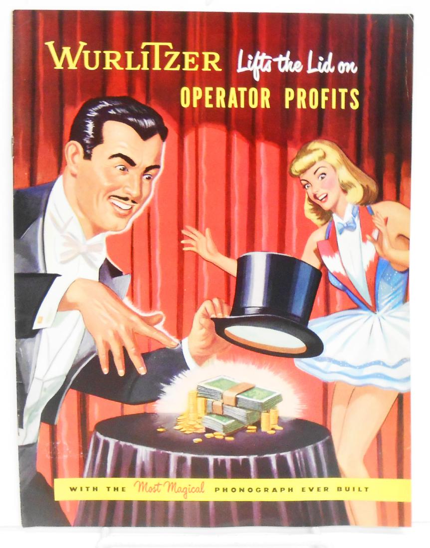 WURLITZER JUKEBOX 1500 BROCHURE: Full color brochure touting the features and options for the model 1500 jukebox; "Wurlitzer Lifts the Lid on Operator Profits with the Most Magical Phonograph Ever Built"; 11 3/4" x 8 1/8", EX