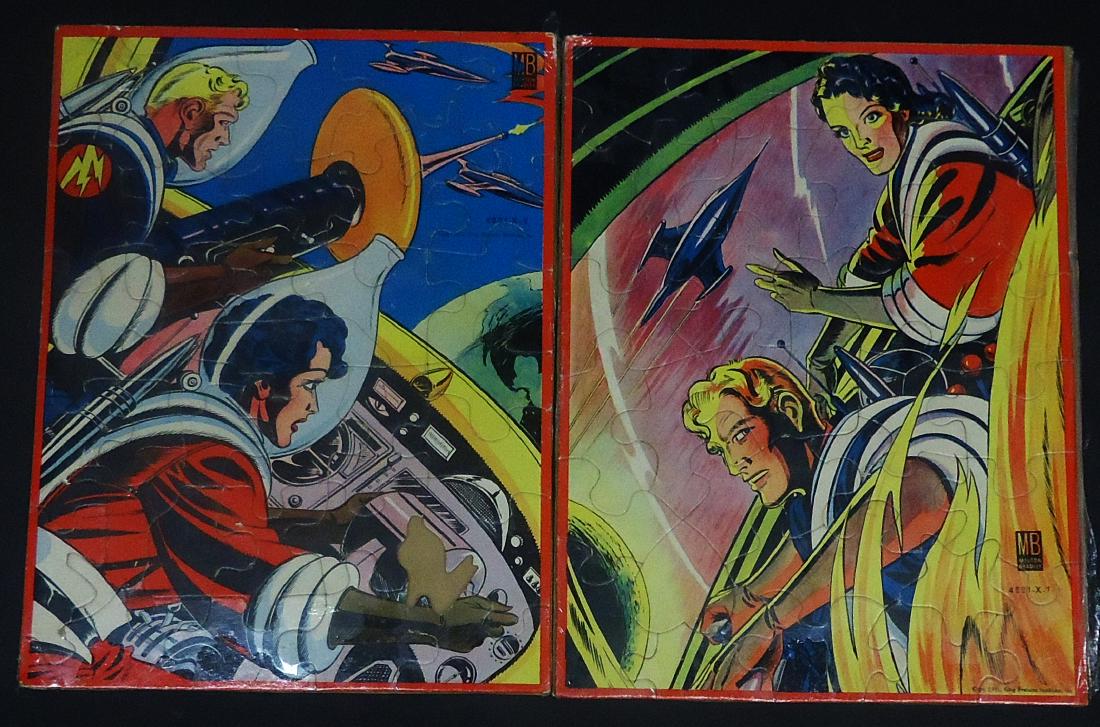 (2) 1951 FLASH GORDON JIGSAW PUZZLES: Milton Bradley, dated 1951; 4221 - X -1 and 4221 - X - 2; (1) missing a piece; very minor litho losses to edges of a few puzzle pieces; colors bright; assembled: 12" x 9", VG
