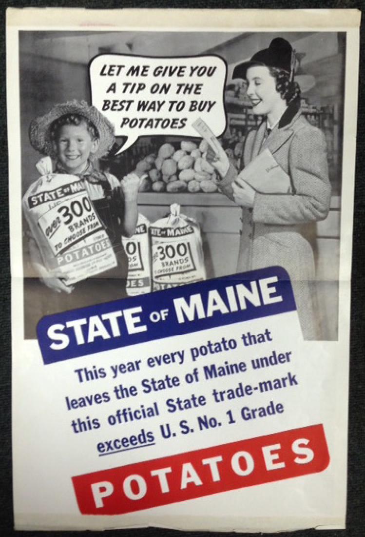 (3) STATE OF MAINE POTATOES ADS: Paper litho; (3) versions; very minor toning 1/2" on bottom and top is rough, most likely was taped at one time. All 3 are creased in the middle. An occasional spot or mark but overall in great condit