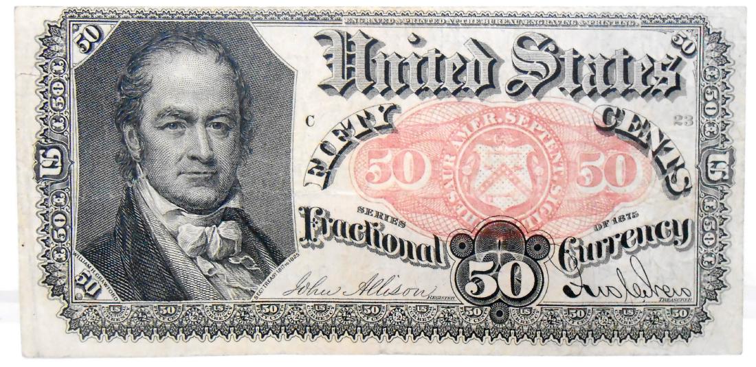 FIFTY CENT FRACTIONAL CURRENCY NOTE: Series of 1875; "this note is exchangeable for United States Notes by the assistant treasurers and designated depositaries of the United States in sums not less than three dollars, receivable in payme