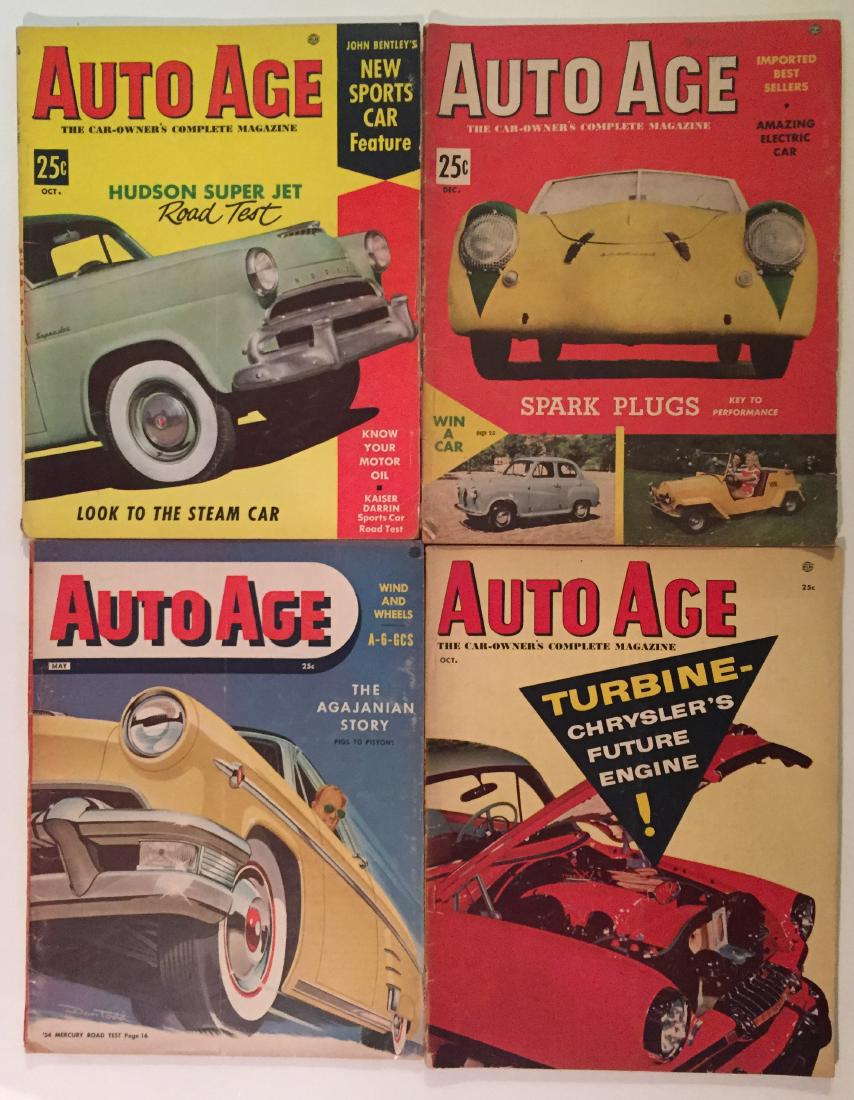 1950'S AUTO AGE MAGAZINES (10): Includes: (1) Oct. 1953, featuring Hudson Super Jet road test, Kaiser Darrin sports car road test, (1) Dec. 1953, featuring Porsche on the cover, Austin A30 Seven, Henry J and Saab; (missing rear cove