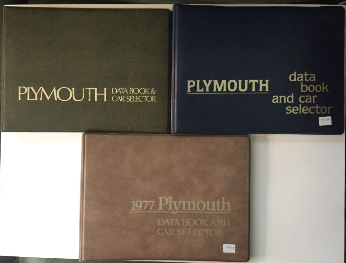 (3) PLYMOUTH DEALERSHIP DATA BOOKS, 1970'S - MOPAR: Includes: (1) 1975 Plymouth Data Book; includes: Fury, Gran Fury, Valiant-Duster, Trail Duster, etc.; (1) 1977 Plymouth Data Book & Car Selector; includes: Fury, Gran Fury, Volare, Trail Duster, etc.;