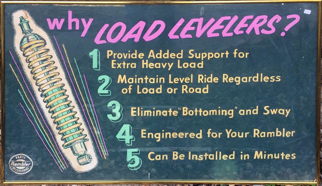 1960 RAMBLER CAR PARTS & ACCESSORIES POSTER: Image of stabilizer; creases; spotting and toned; 2" tear at bottom edge; pea sized surface paper loss on top left; dated lower corner '60; currently in light-weight poster frame, which is optional an