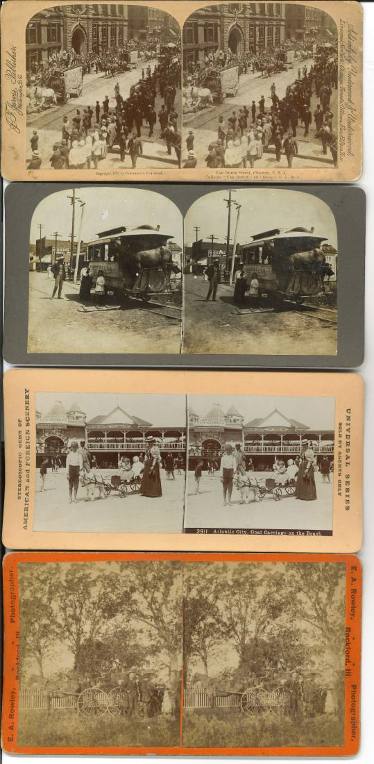 UNUSUAL HORSE DRAWN & RELATED STEREOVIEW CARDS (4): Includes: (1) J. F. Jarvis Pub. "Van Buren Street, Chicago", copyright 1892, featuring horse drawn circus wagon parade; (1) (no publisher) image of railway car with horse riding in the rear; (1) Unive