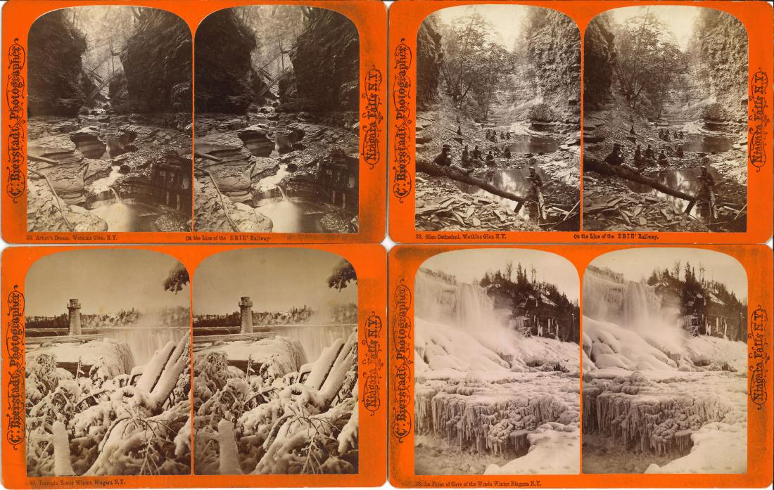 (88) STEREOVIEWS MAINLY WATERFALLS & SCENIC VIEWS: [sample shown]; includes: Niagara Falls, Watkins Glen, Red Mountain Arizona; Mt. Victoria, Alberta; Ithaca views; Washington State and Oregon mountain views; various views include Natural Bridge, VA;