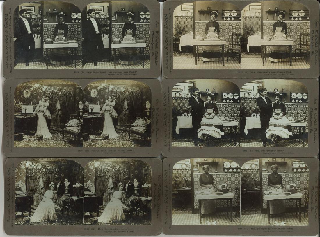 ROMANTIC / COMIC STEREOVIEW SETS (4): Includes: (1) International Stereograph Co. #4601-4613 wedding series 1905, appears complete; (1) H. C. White Co., The "Perfec" Stereograph series #5586-5593 Silas & Samantha Green visit the Asdorf-Wa