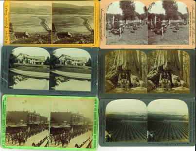 STEREOVIEWS - SCENIC VIEWS FROM CALIFORNIA -(45+/-): [sample shown]; includes: Berkeley, CA University of California commencement 1901; Sacremento street scene; parade in Los Angeles; orange groves; Pickford - Fairbanks home in Beverly Hills; Wawona dri